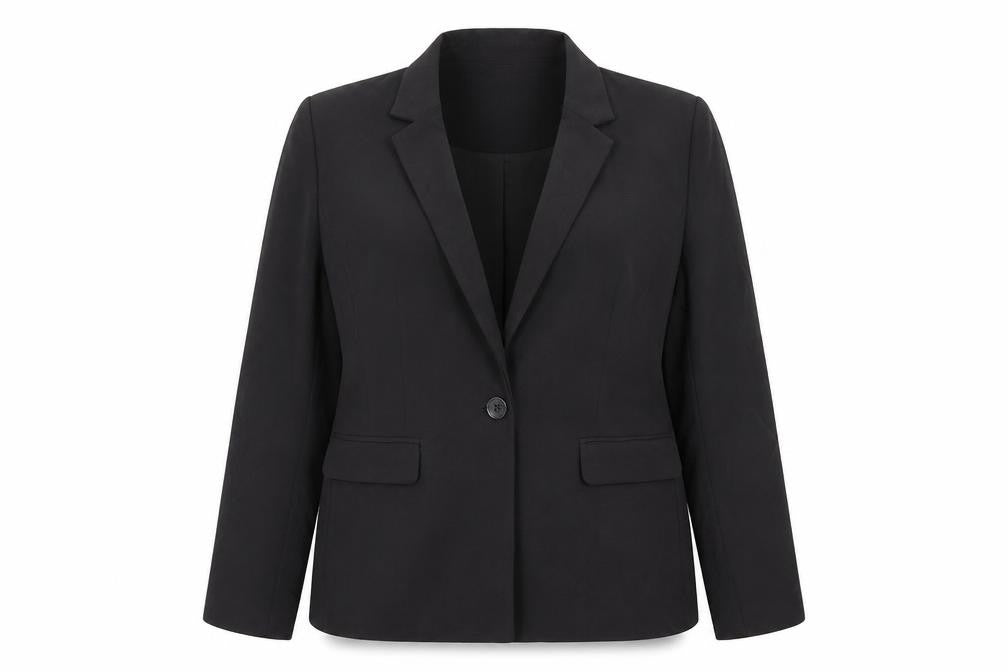 Front view of Matalan women’s grey polyester jacket suit, size UK 14