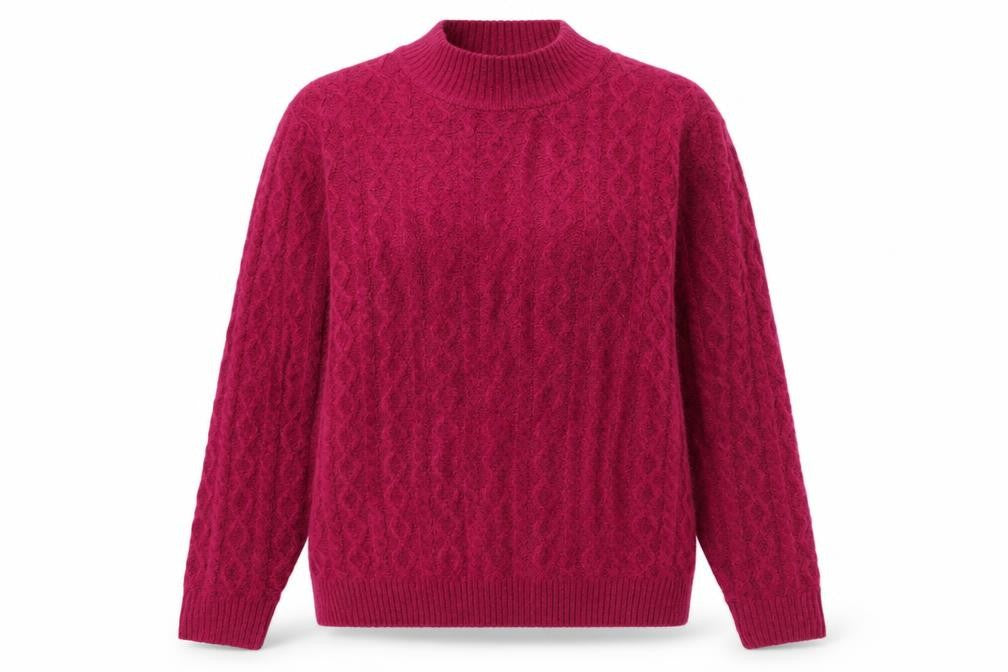 Front view of Isle Essentials women’s purple mock neck acrylic jumper, size M
