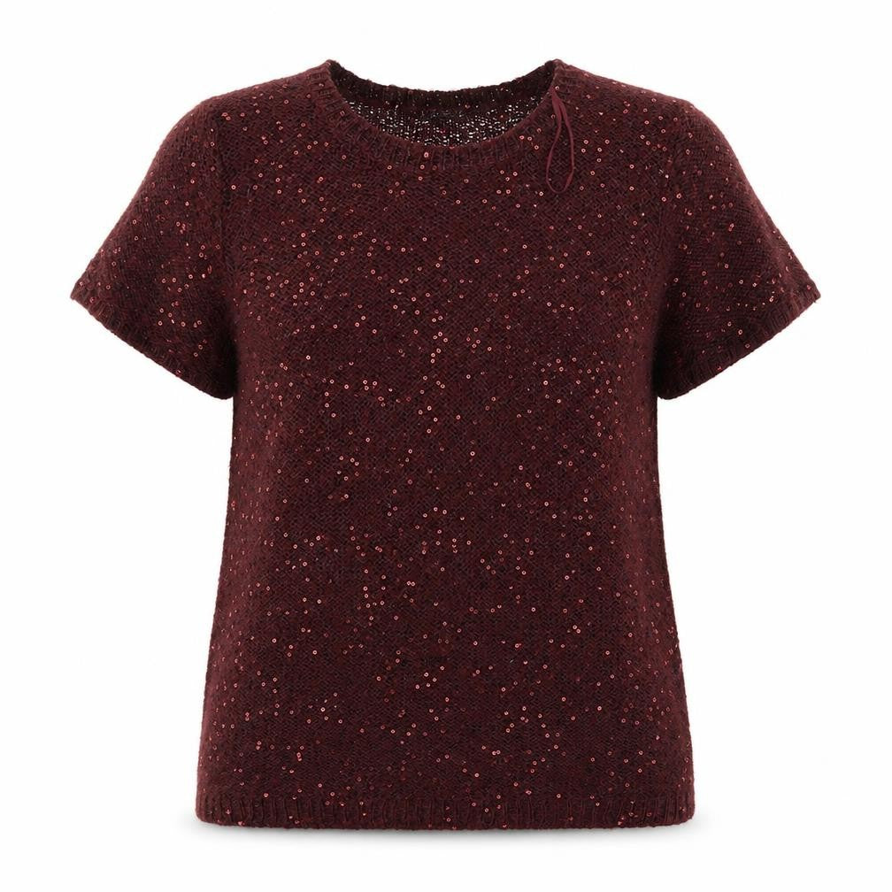 Front view of Marks & Spencer women’s red round neck polyester jumper, size UK 14