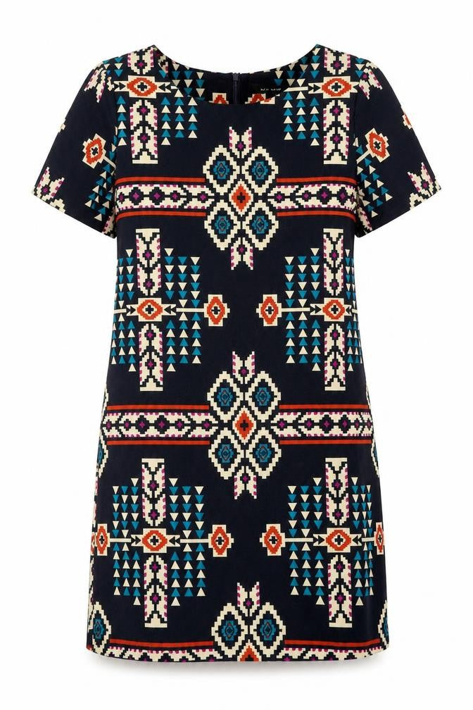 New Look Womens Blue Geometric Polyester Pencil Dress  Size 8  Round Neck