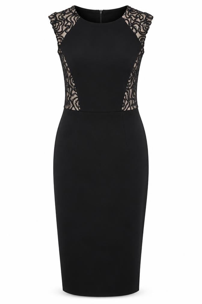 Front view of London Times women’s black polyester bodycon, size UK 4, round neck