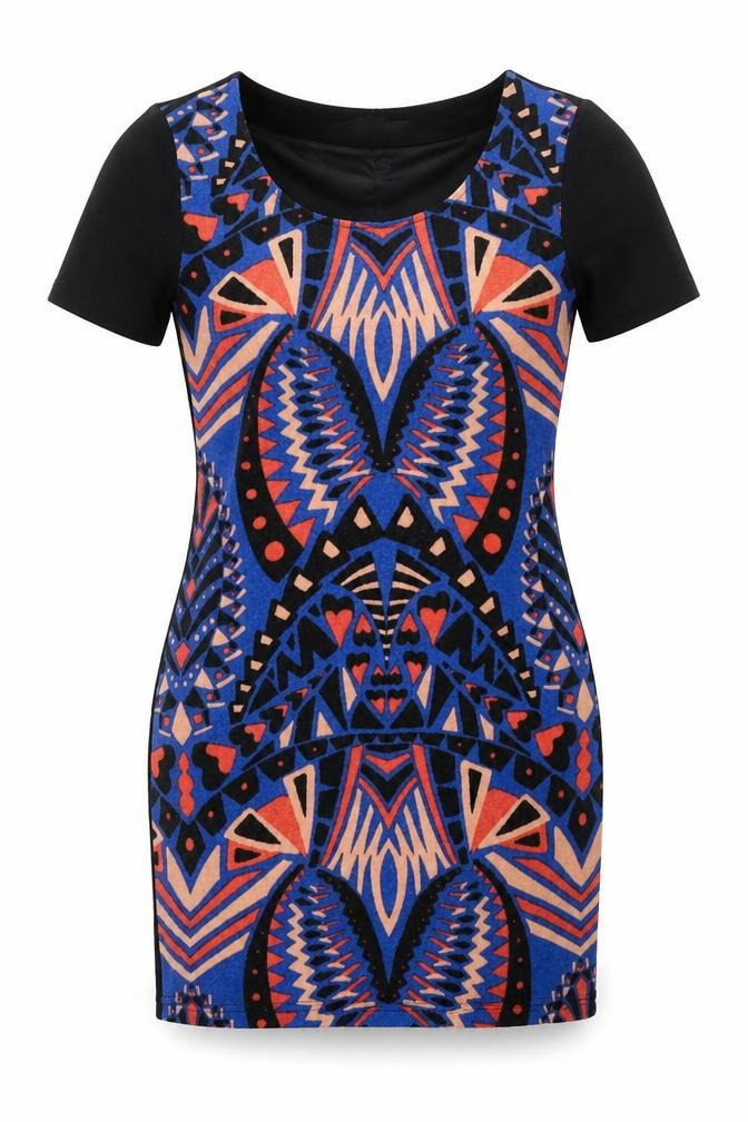 Front view of YUMI DIRECT women’s multicoloured geometric acrylic bodycon, size UK 10, round neck