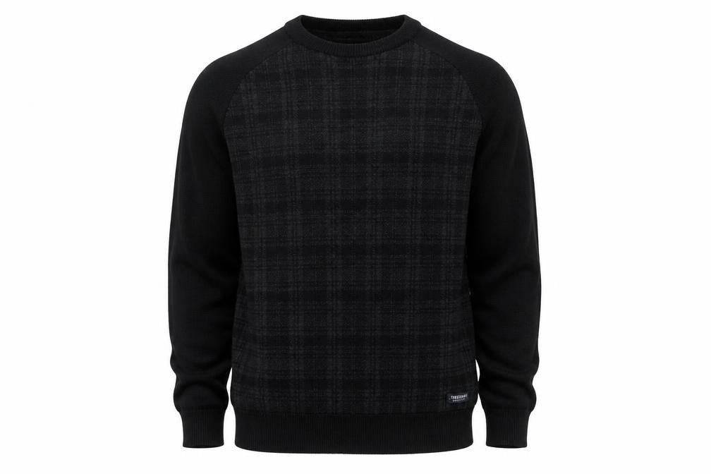 Front view of Threadbare men’s black round neck geometric cotton jumper, size M