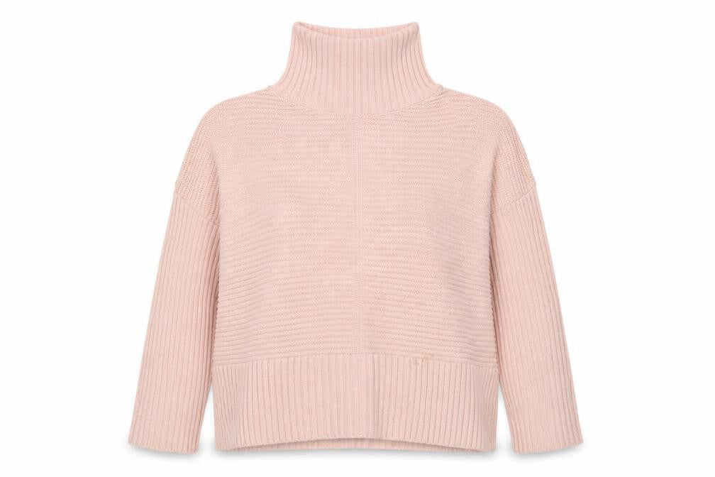 Front view of Miss Selfridge women’s pink roll neck acrylic jumper, size UK 10
