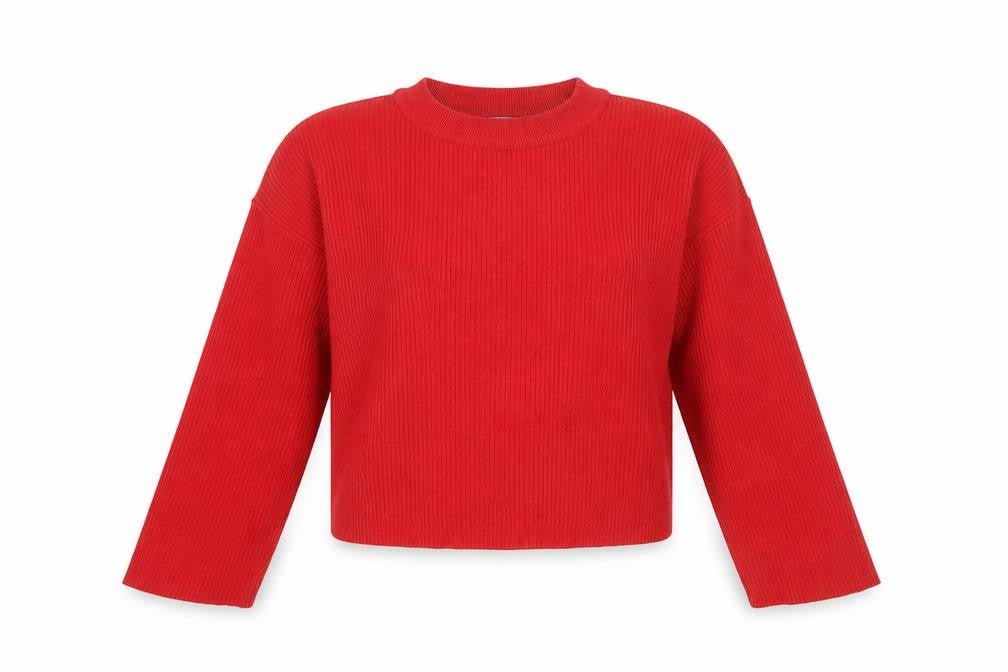 Front view of Bershka women’s red round neck viscose jumper, size S