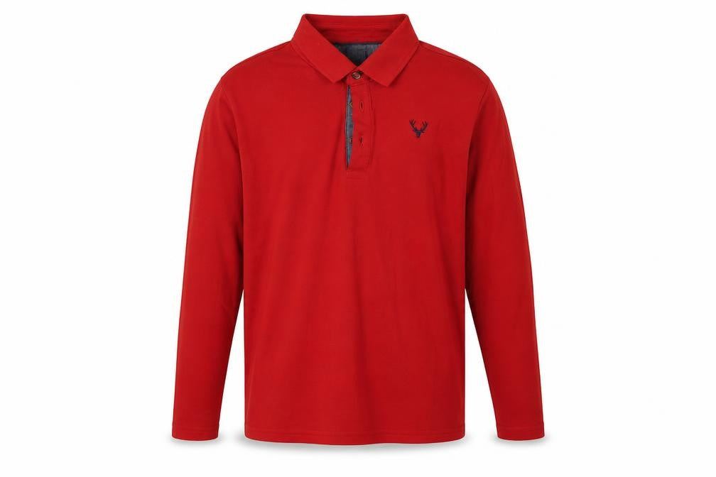 Front view of Dunnes boys’ red polyester basic polo, size L, collared