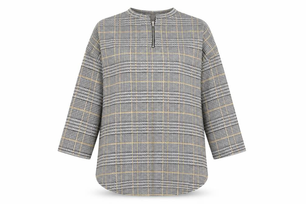 Front view of Primark women’s yellow round neck plaid polyester jumper, size UK 10