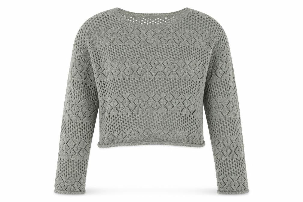 Front view of Primark women’s green round neck polyester jumper, size UK 6