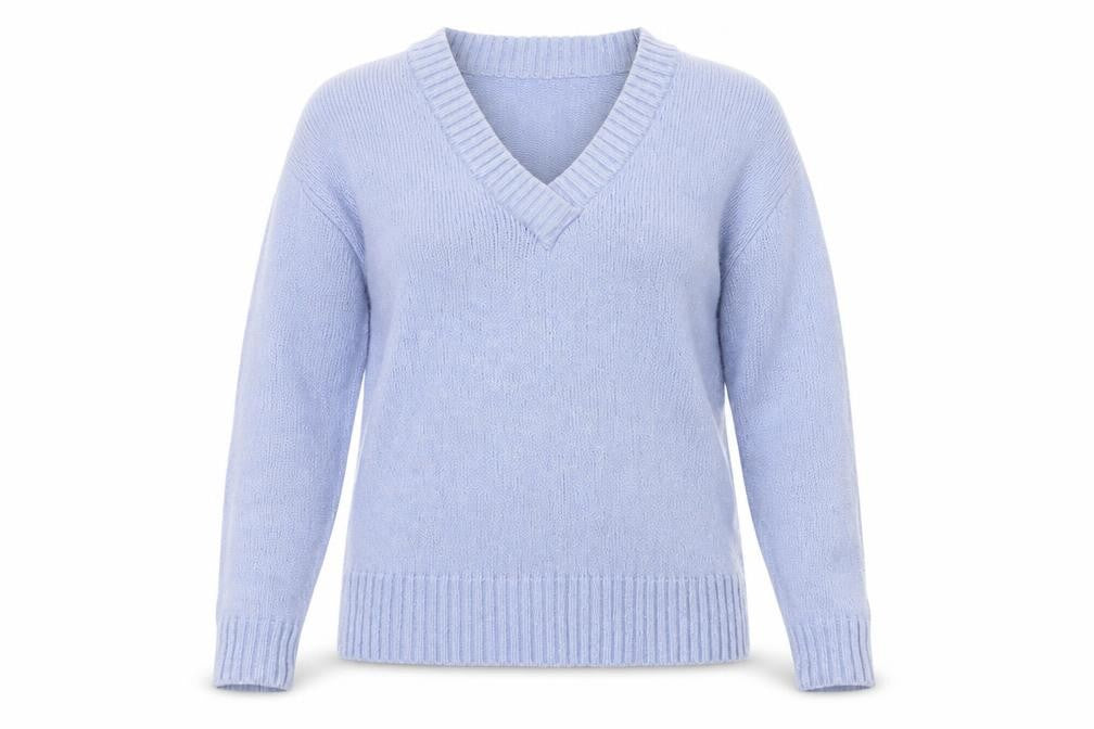Front view of Next women’s blue v-neck acrylic jumper, size UK 8