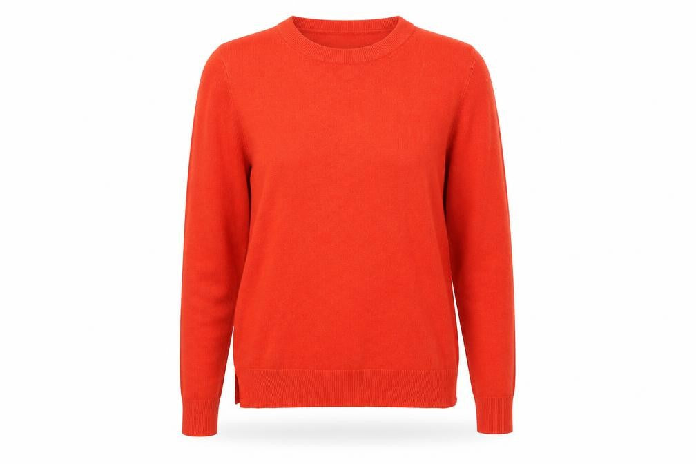 Front view of Marks & Spencer women’s red round neck acrylic jumper, size UK 8