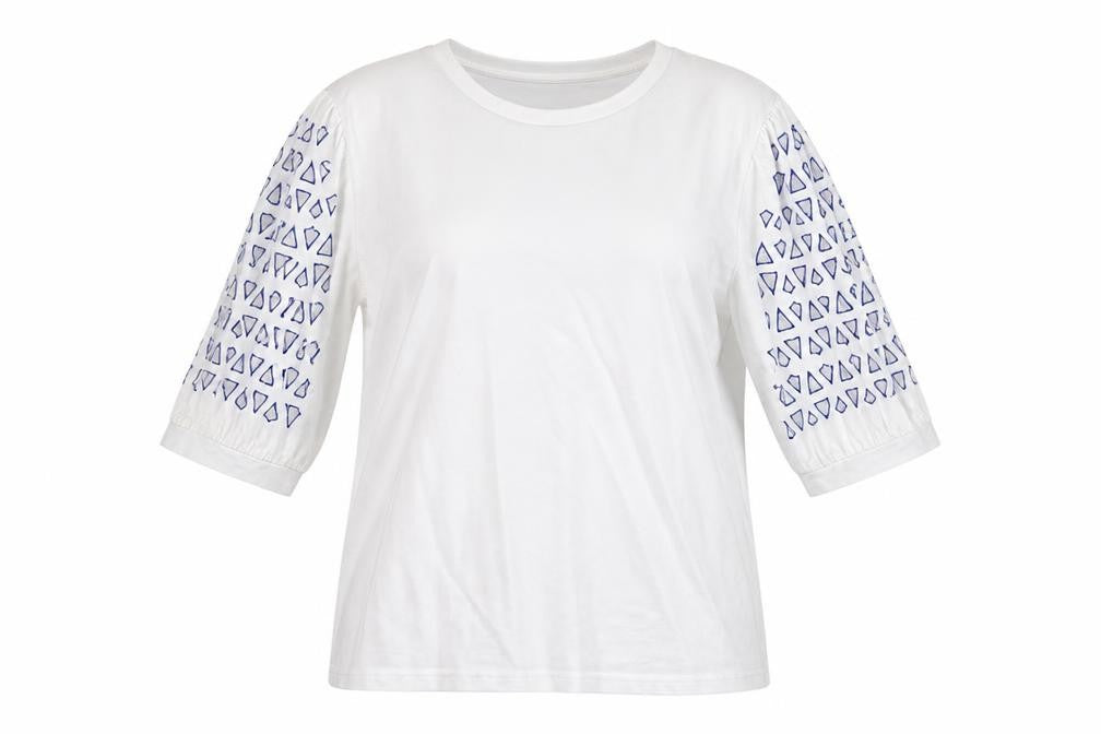 Front view of Gallery women’s white geometric cotton basic polo, size M, round neck