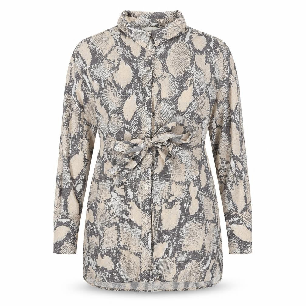 Front view of H&M women’s beige animal print viscose basic blouse, size S, collared