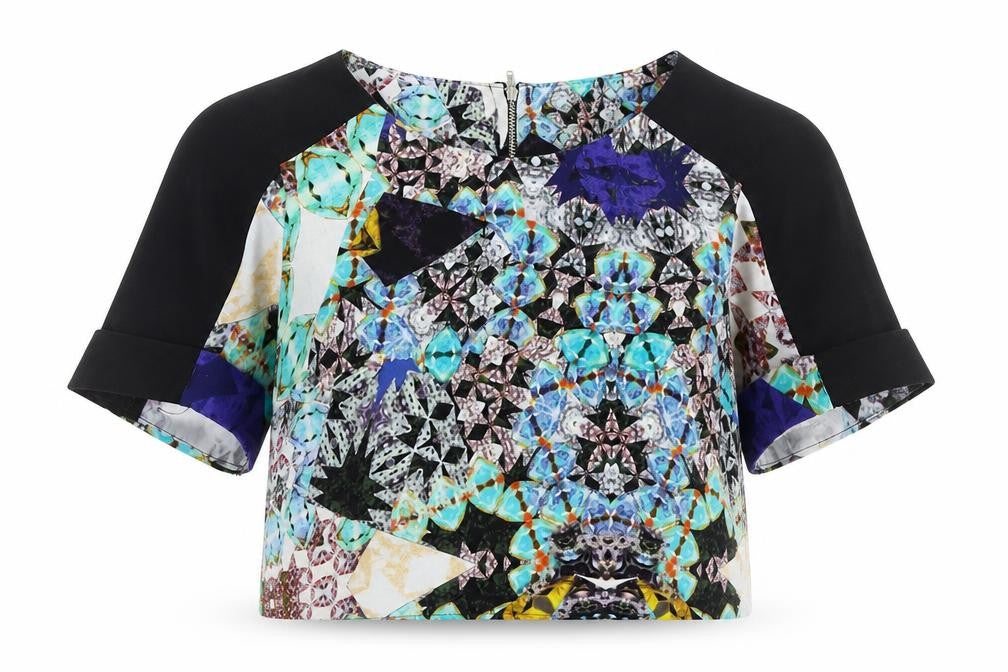 Front view of River Island women’s multicoloured polyester cropped blouse, size UK 6, round neck