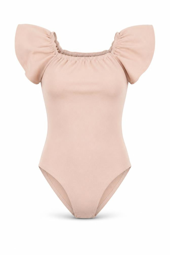 Front view of Exhibit women’s pink polyester bodysuit one-piece, size UK 8, snap