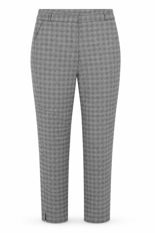 Front view of Warehouse women’s grey check polyester trousers, size UK 6, 28-inch leg slim zip