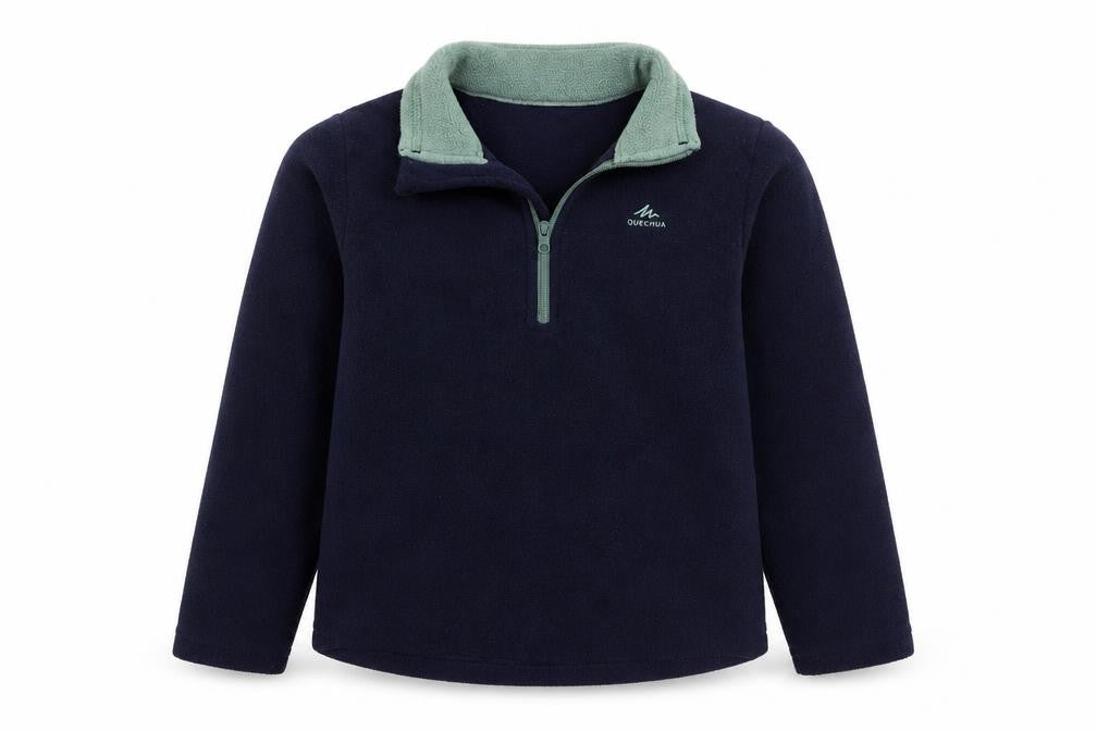 Front view of Quechua boys’ blue jacket, size 5-6, years zip
