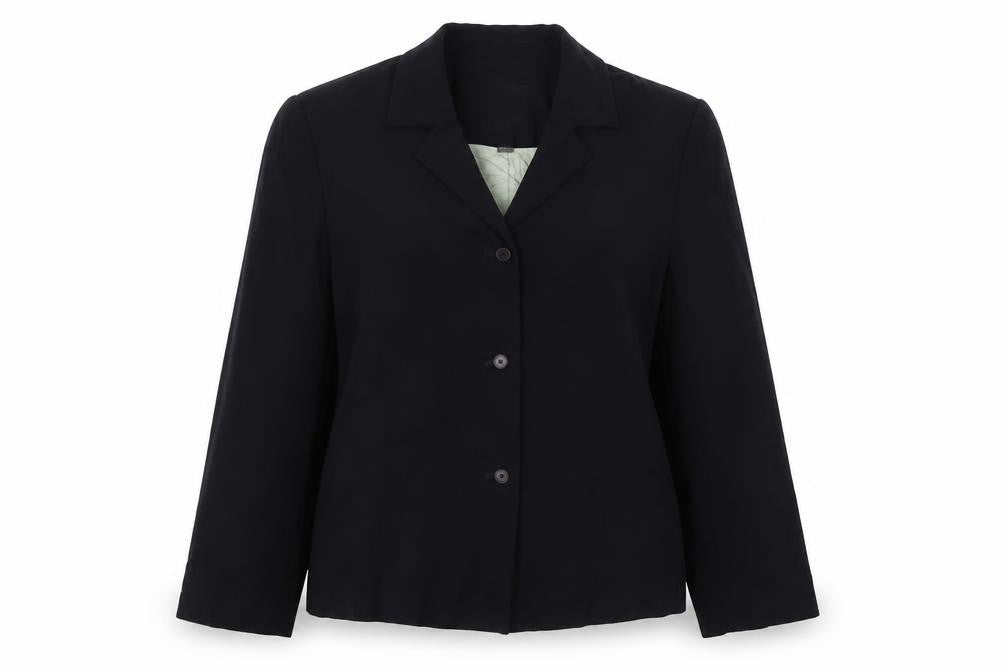 Front view of CCDK women’s blue jacket blazer, size UK 14, button