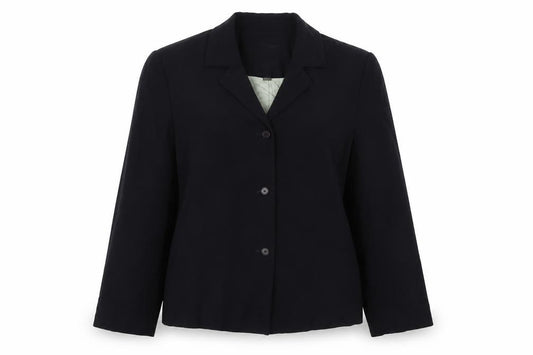 Front view of CCDK women’s blue jacket blazer, size UK 14, button
