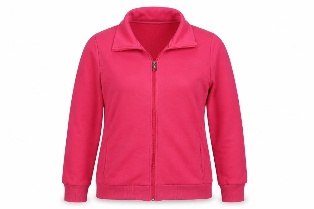 Front view of Decathlon women’s pink jacket, size L, zip
