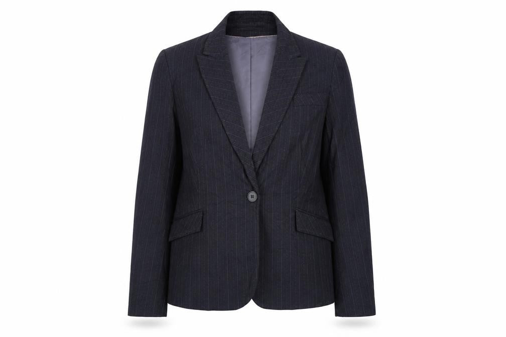 Front view of AMARANTO women’s blue striped jacket blazer, size UK 18, button
