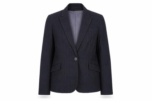 Front view of AMARANTO women’s blue striped jacket blazer, size UK 18, button