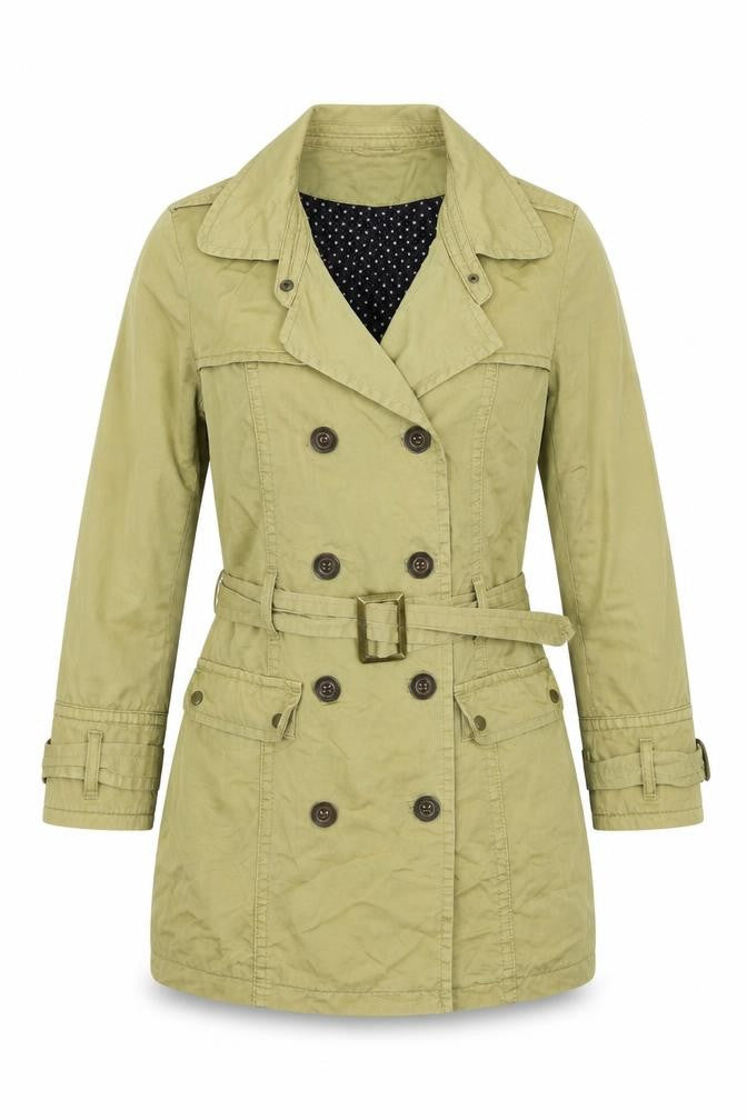 Front view of Topshop women’s beige trench coat coat, size UK 10, button