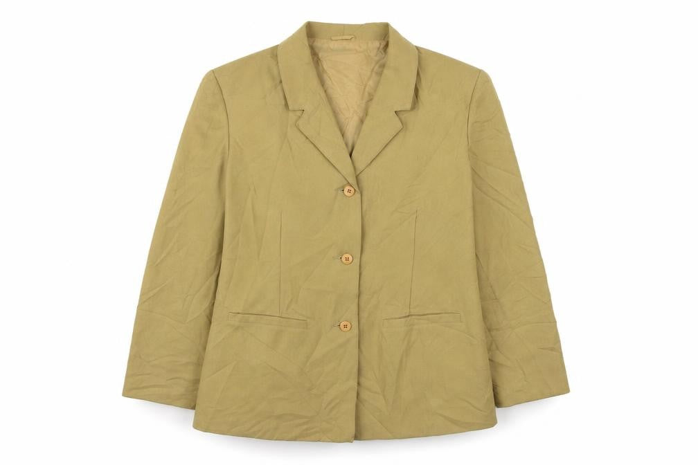 Front view of Damat women’s yellow kimono blazer, size UK 16, button