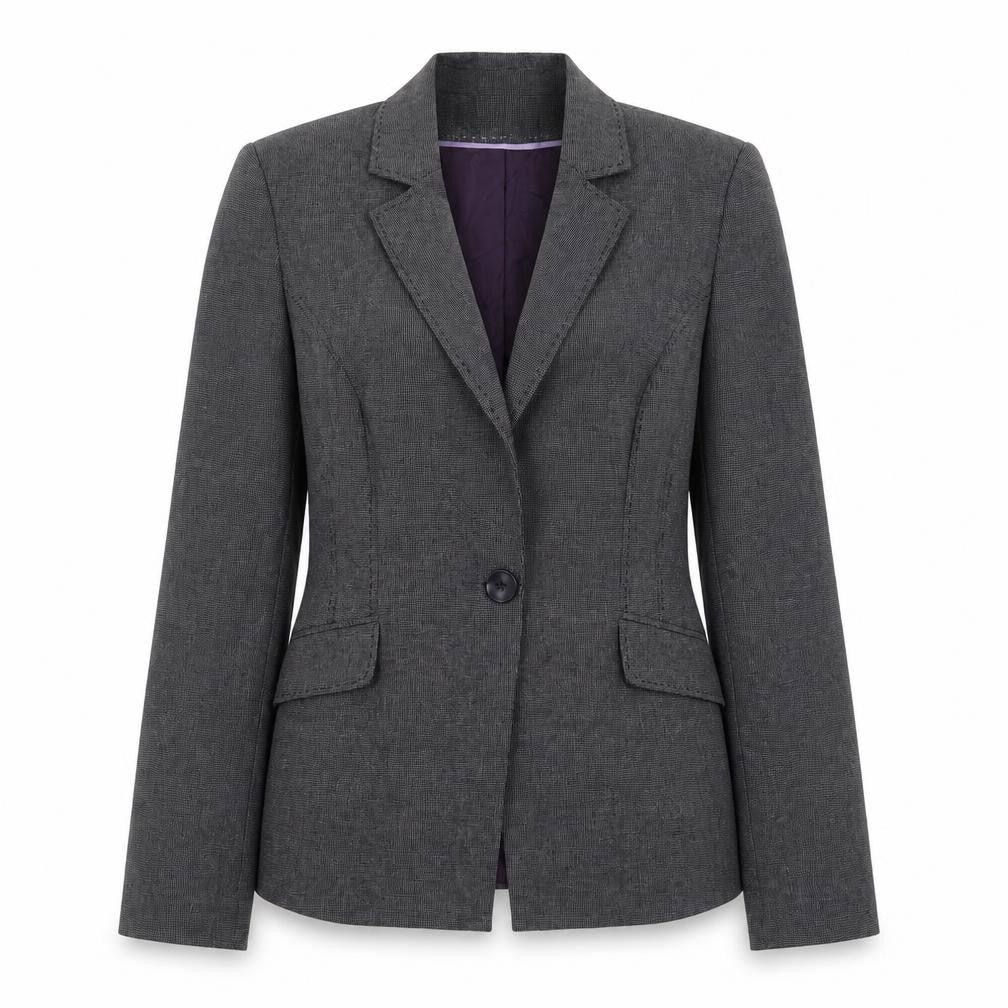 Front view of Atmosphere women’s grey jacket blazer, size UK 12, button
