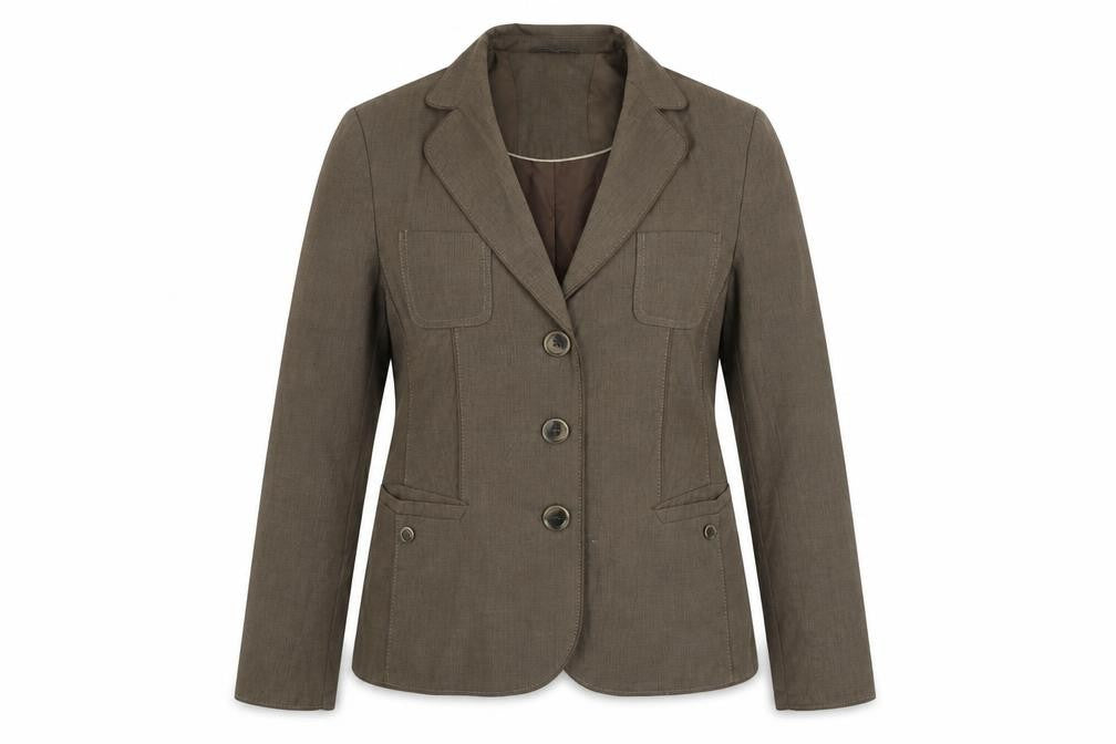 Front view of Gelco women’s brown jacket blazer, size UK 10, button