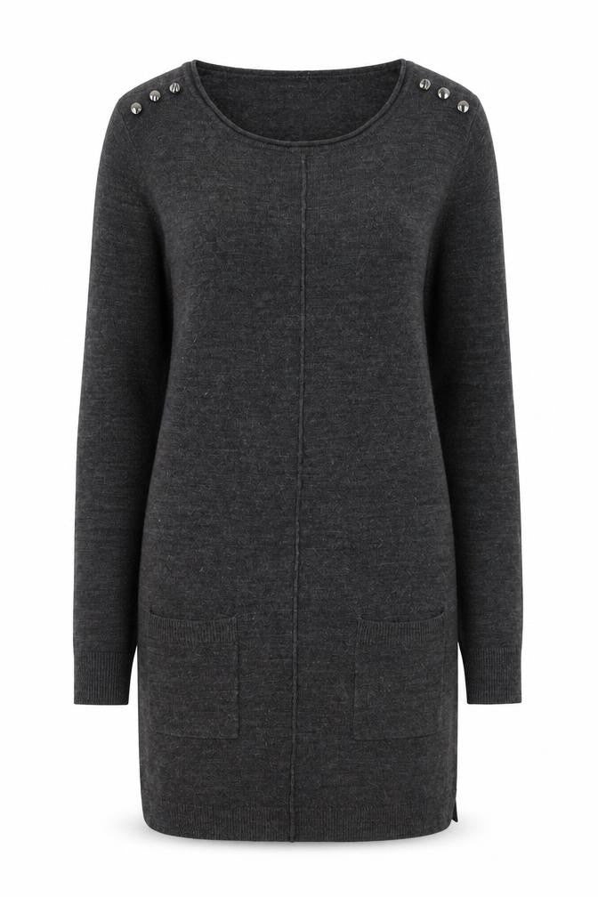 Front view of Primark women’s grey round neck acrylic jumper, size UK 6