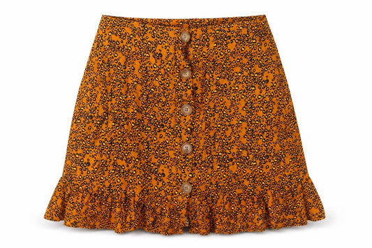 Front view of Papaya women’s orange animal print viscose flare skirt, size UK 8