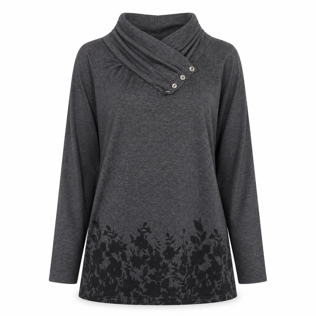 Front view of Fashion women’s grey cotton basic blouse, size L, high neck