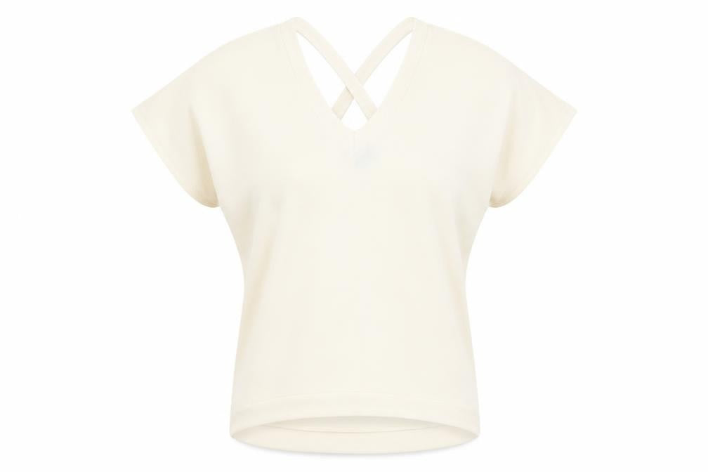 Front view of River Island women’s beige polyester basic t-shirt, size UK 6, v-neck
