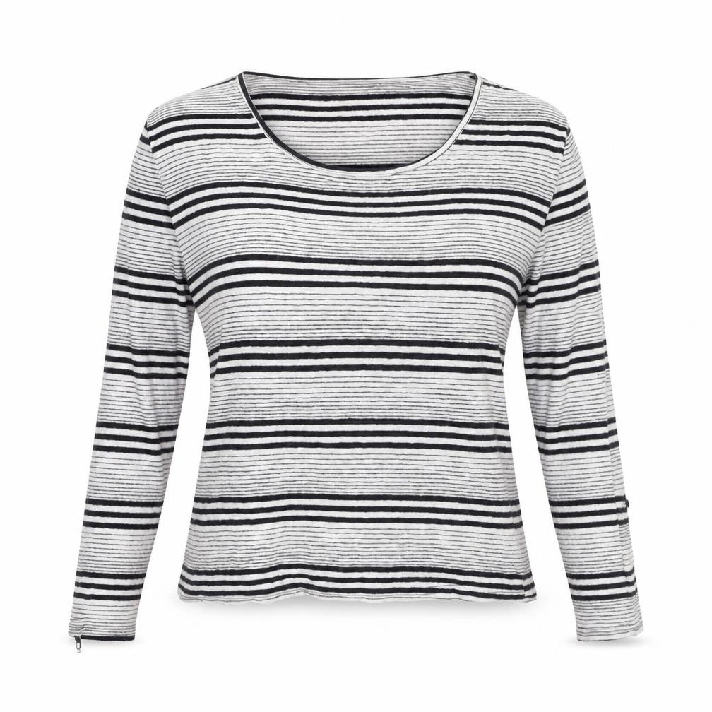 Front view of jad women’s black striped polyester basic t-shirt, size M, round neck