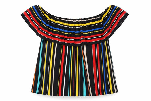 Front view of Marks & Spencer women’s multicoloured striped polyester basic blouse, size UK 16, off the shoulder