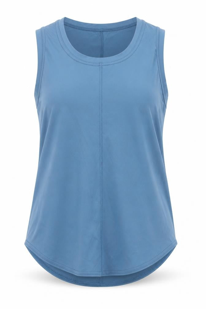 Front view of Gottex women’s blue nylon basic tank, size XS, crew neck pullover