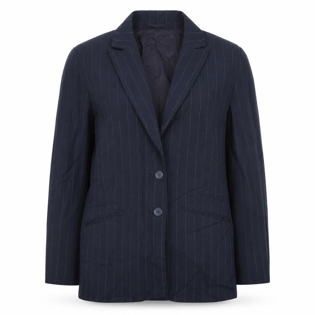 Front view of Autonomy women’s blue striped jacket blazer, size UK 12, button