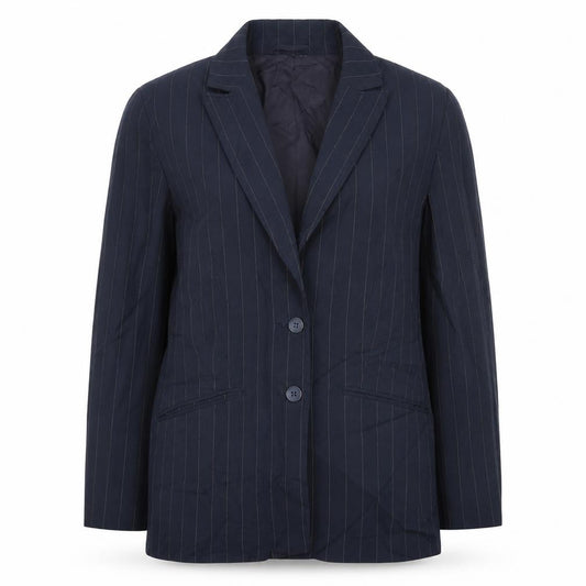 Front view of Autonomy women’s blue striped jacket blazer, size UK 12, button