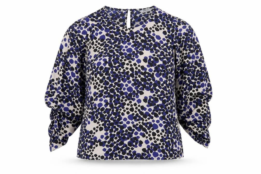 Front view of Soon women’s blue animal print polyester basic blouse, size UK 12, crew neck