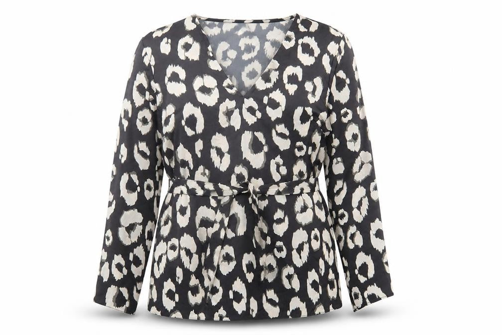 Front view of New Look women’s black animal print polyester basic blouse, size UK 12, v-neck