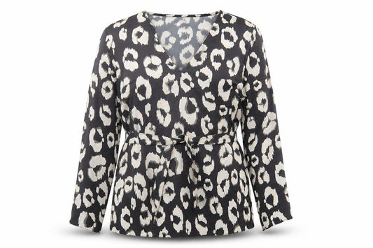 Front view of New Look women’s black animal print polyester basic blouse, size UK 12, v-neck