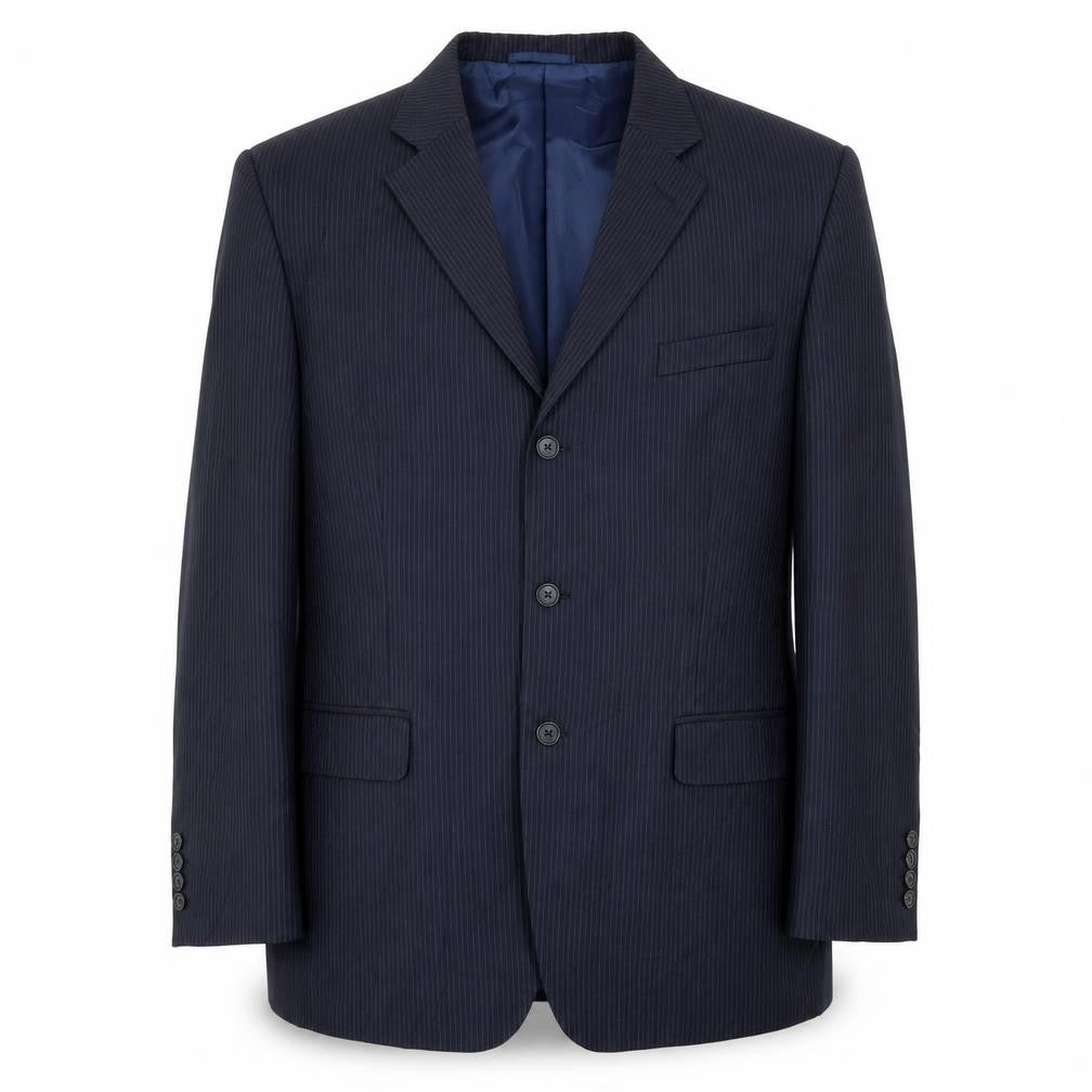 Front view of WILLIAM CHENG & SON men’s blue striped polyester jacket suit jacket, size 44