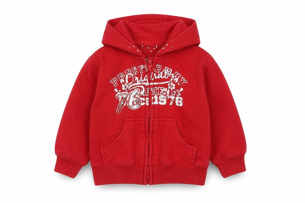Front view of Early Days girls’ red cotton basic button-up, size 9-12, months v-neck zip