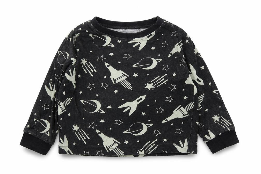 Front view of B&m boys’ black cotton basic casual, size 3-4, years round neck - space and rockets
