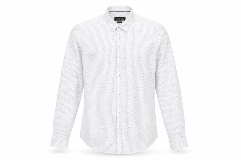 Front view of Zara men’s white geometric polyester button-up, size L, collared button