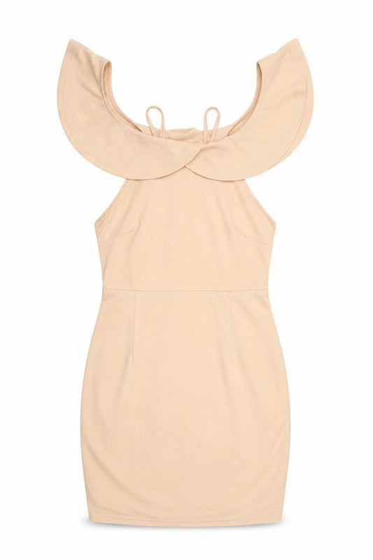 Front view of Pink Boutique women’s pink polyester a-line, size UK 12, off the shoulder zip