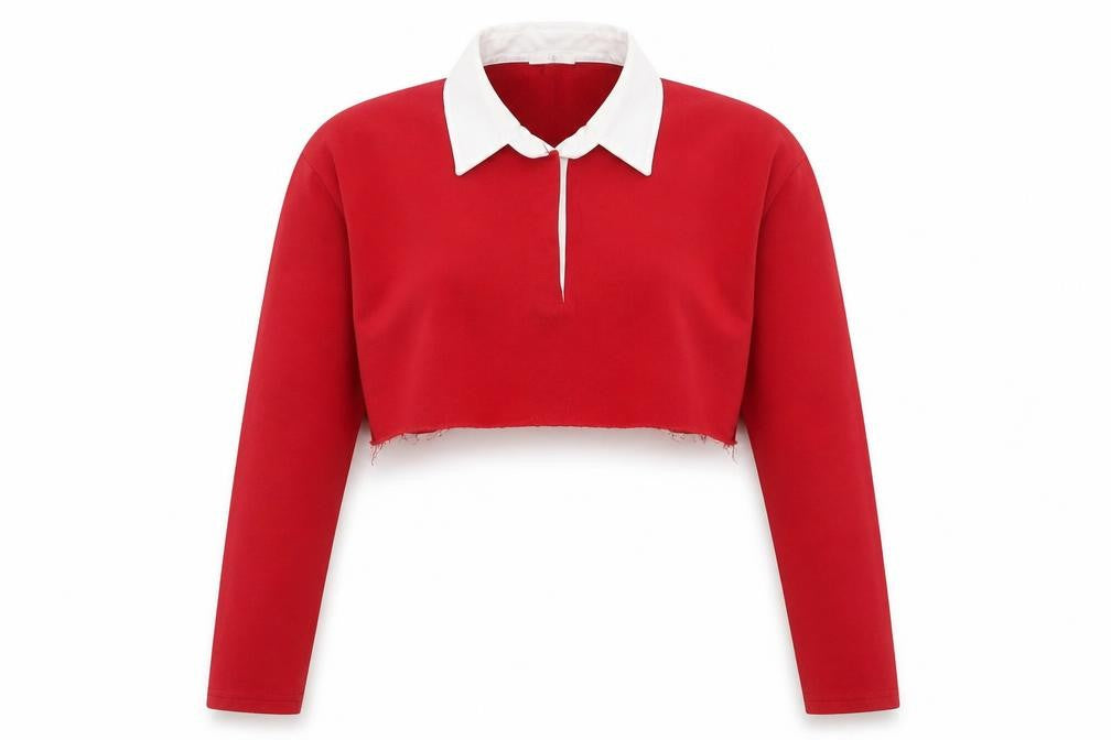Front view of Missguided women’s red polyester pullover sweatshirt, size UK 6, - cropped