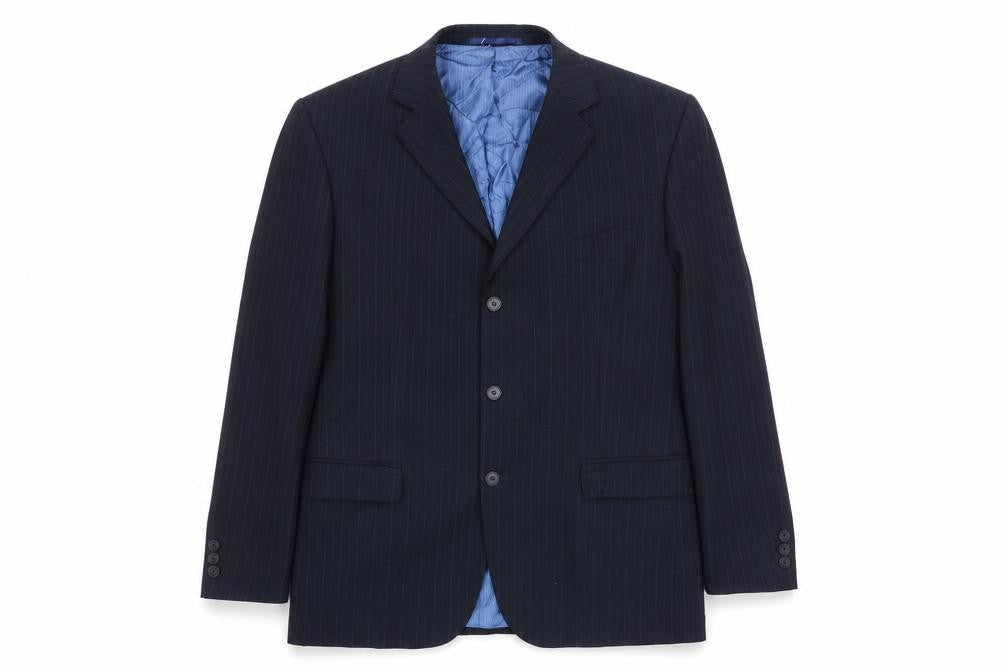 Front view of Burton men’s black striped wool jacket suit jacket, size 44