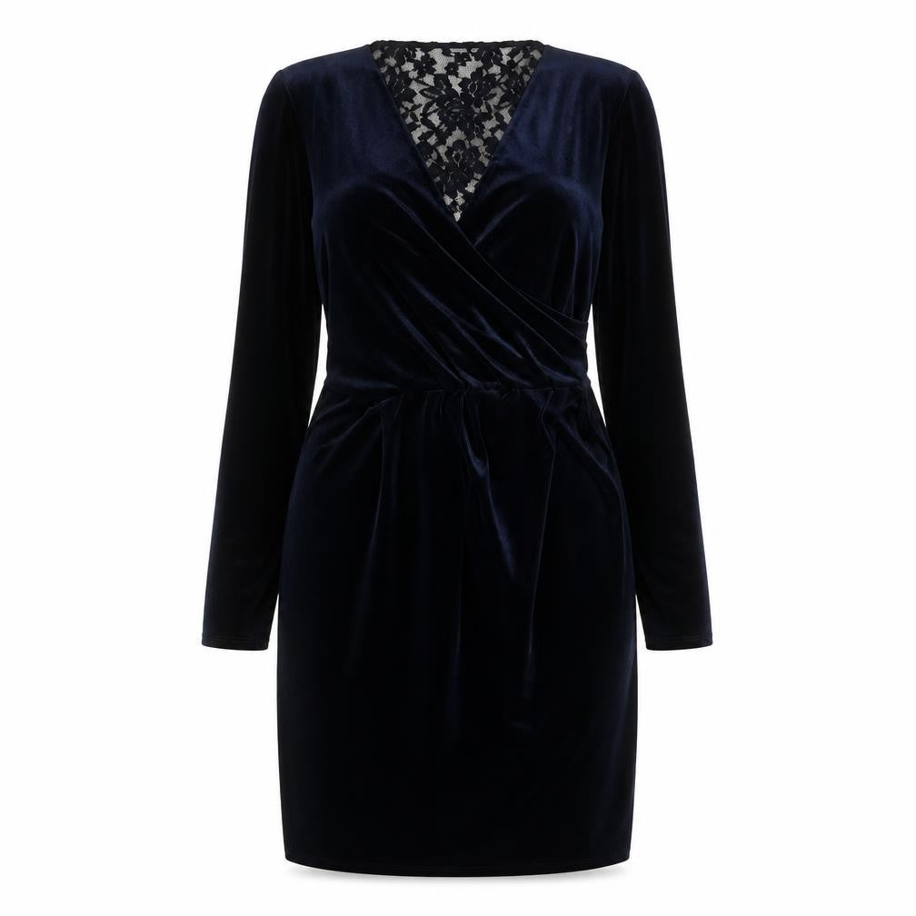 Front view of Marks & Spencer women’s blue polyester a-line, size UK 14, v-neck