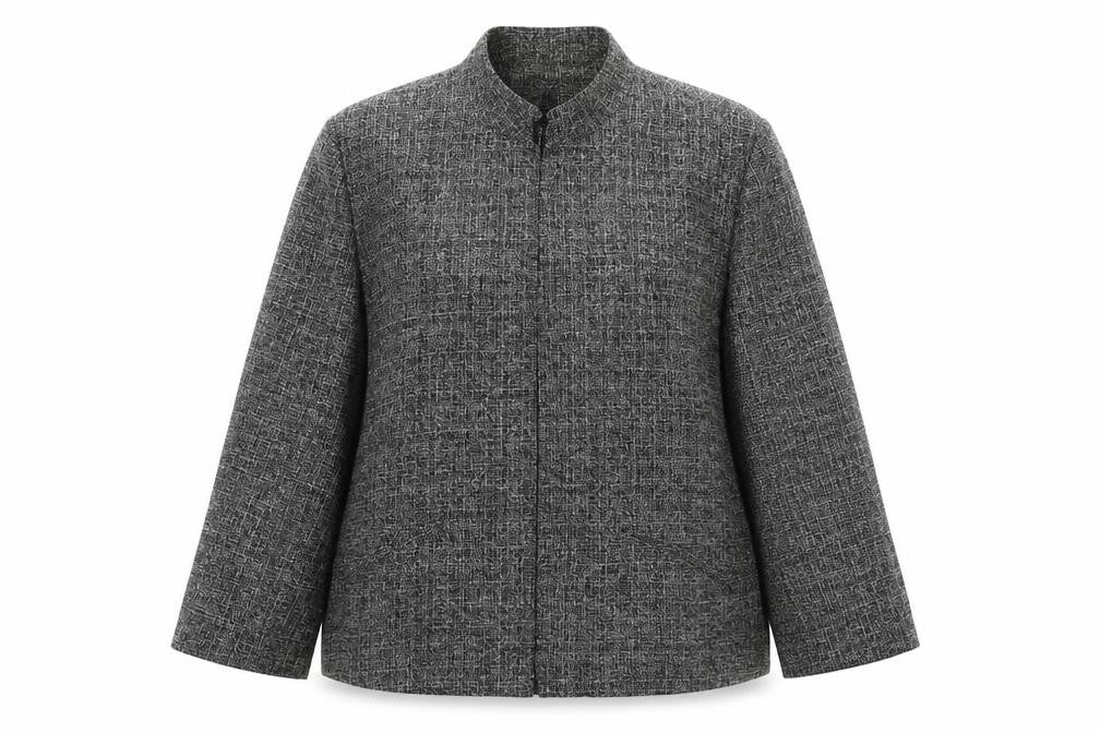 Front view of EWM women’s black jacket, size UK 20, zip